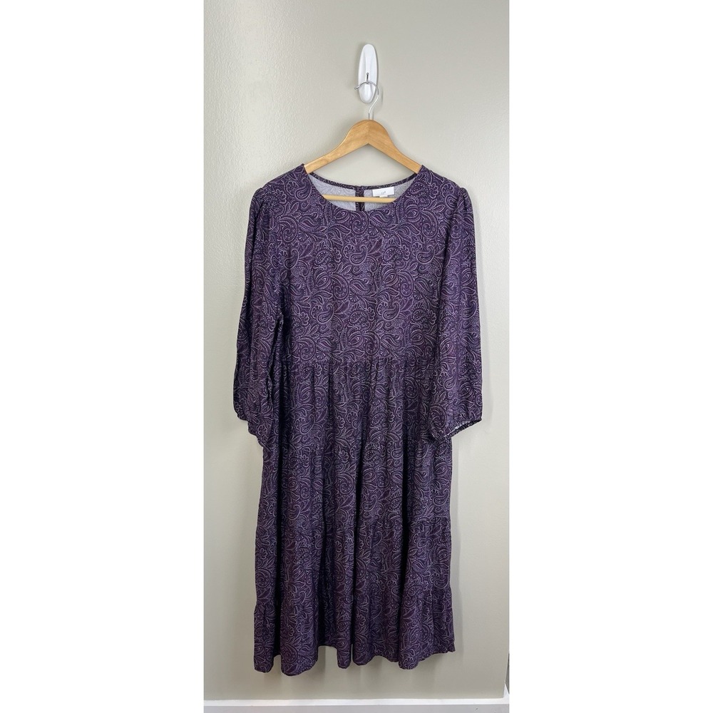 J. Jill NWT Tiered Paisley Midi Maxi Dress Lg Purple Puff Sleeve Trapeze Boho